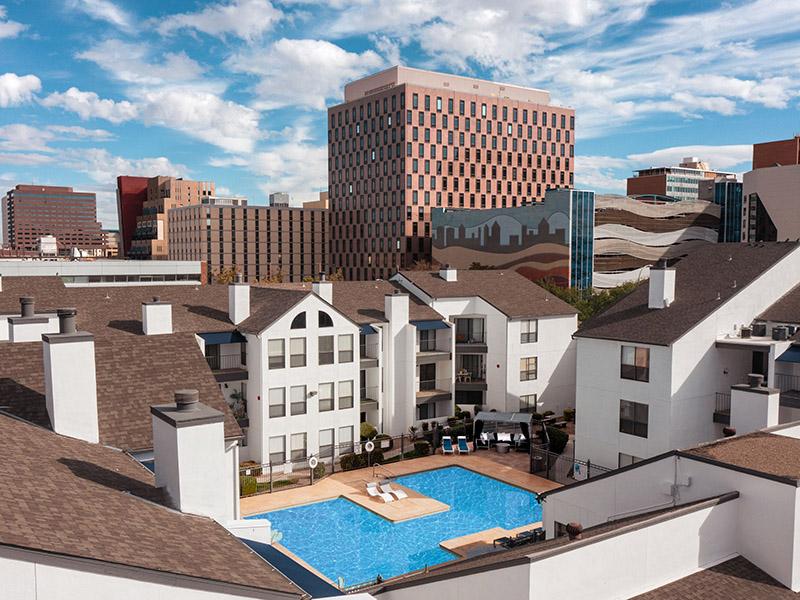 Aerial View of Pool | Alvarado Apartments in Albuquerque, NM