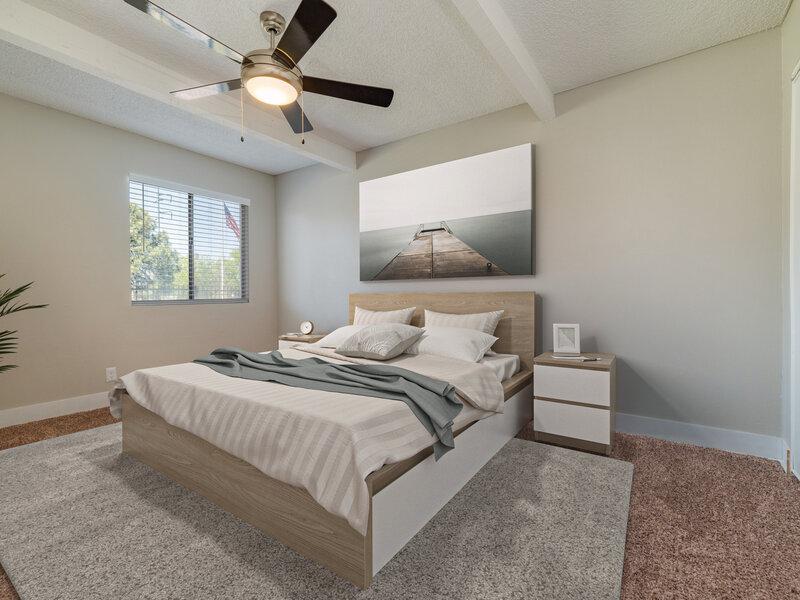 Bedroom with a Ceiling Fan | Tesota Morningside | Albuquerque Apartments