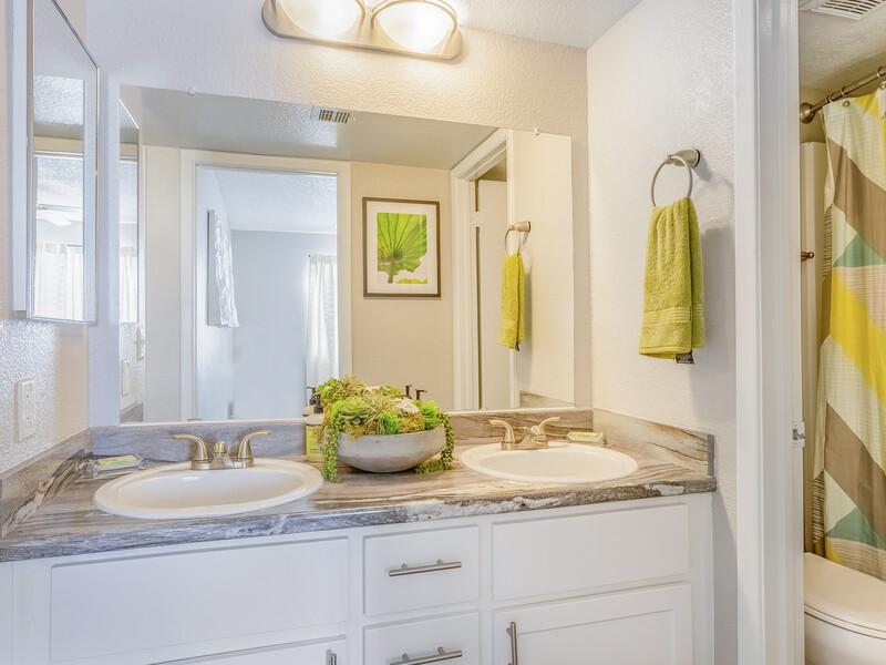 Bathroom with Dual Sinks | Emerson Square Apartments in Tempe, AZ