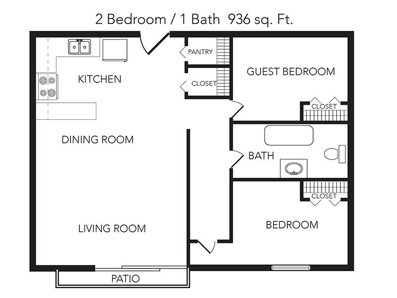 The View on the River Apartments Floor Plan 2 Bedroom 1 Bathroom