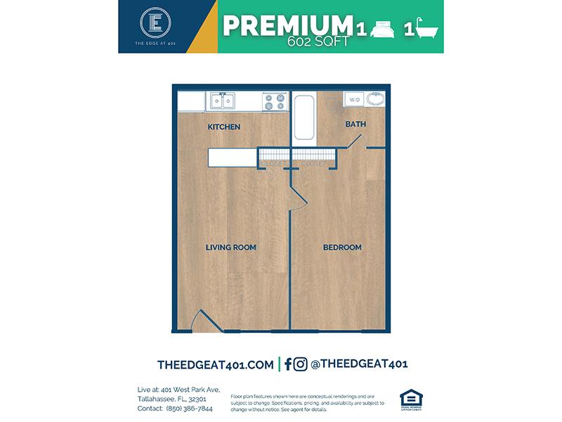 The Edge @ 401 Apartments Floor Plan 1 Bedroom 1 Bathroom Premium