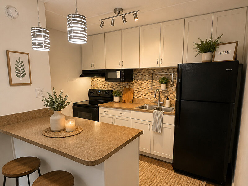 Kitchen with Ceiling Lights and Countertop with Cabinets | The Edge @ 401