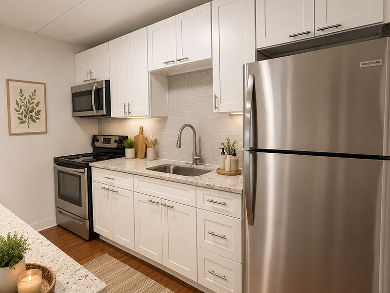 Kitchen with Appliances and Cabinets with Wood Style Flooring | The Edge @ 401