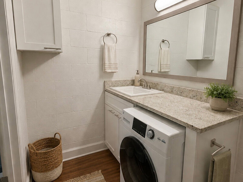 Bathroom with Mirror and Washer/Dryer | The Edge @ 401