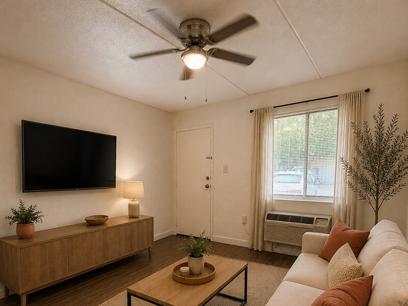 Living Room with Ceiling Fan and Window | The Edge @ 401