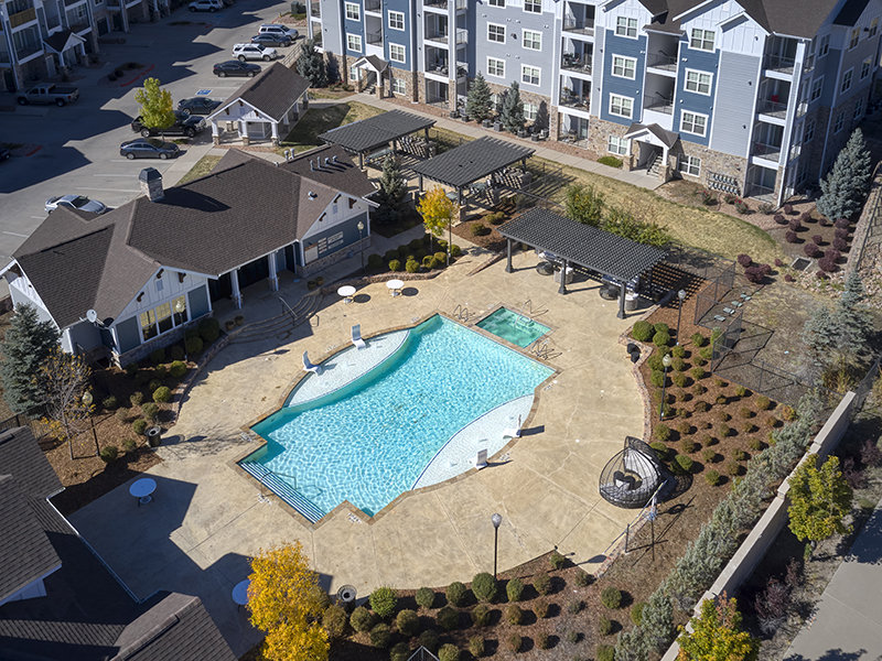 Swimming Pool Aerial View | Peaks at Woodmen Apartments in Colorado Springs, CO