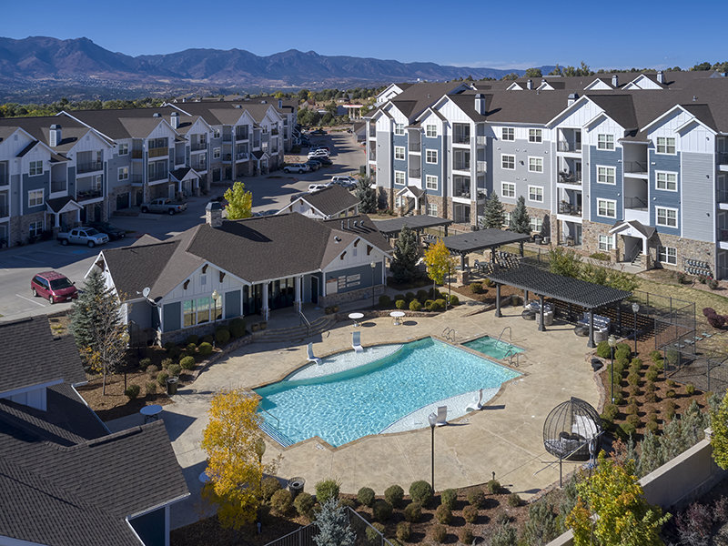 Pool Aerial View | Peaks at Woodmen Apartments in Colorado Springs, CO