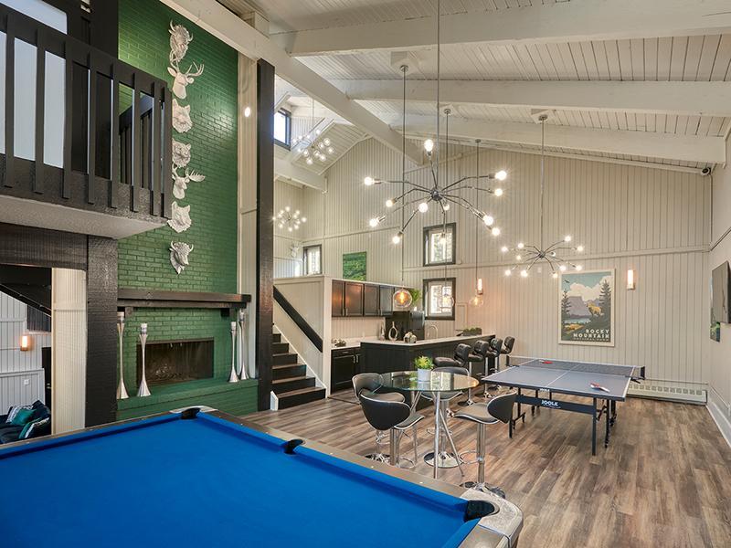 Apartment Clubhouse Featuring Pool Table & Fireplace | Park at Palmer