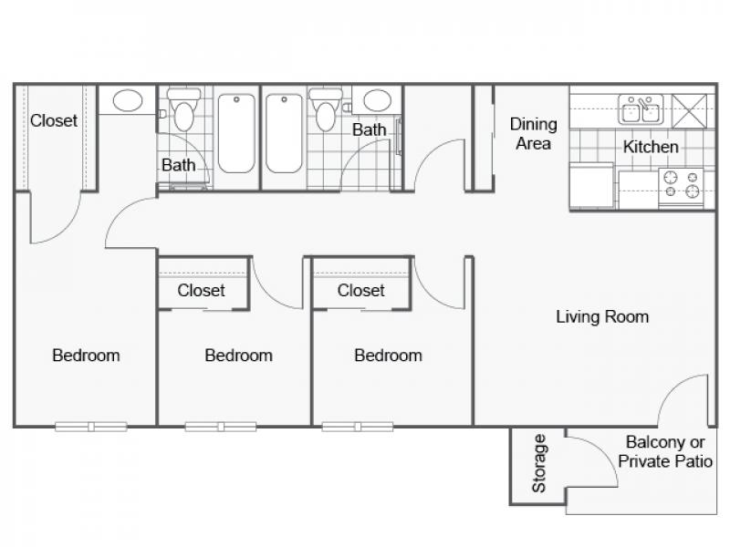 Summerwood Apartments Floor Plan 3 Bedroom 2 Bath