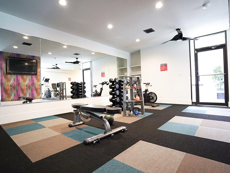 Fitness Center with Mirrored Wall | Goldstone Place Apts