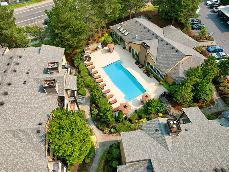 Aerial View of Pool | Newport Crossing Apartments in Newcastle, WA