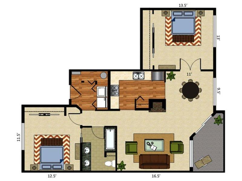 View floor plan image of 2 Bed 1 Bath apartment available now