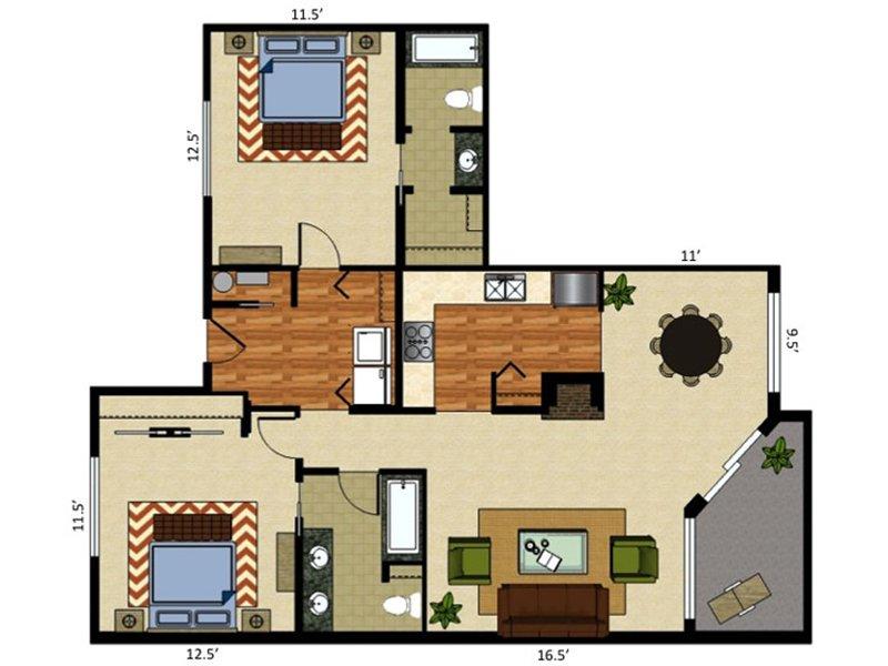 View floor plan image of 2 Bed 2 Bath apartment available now