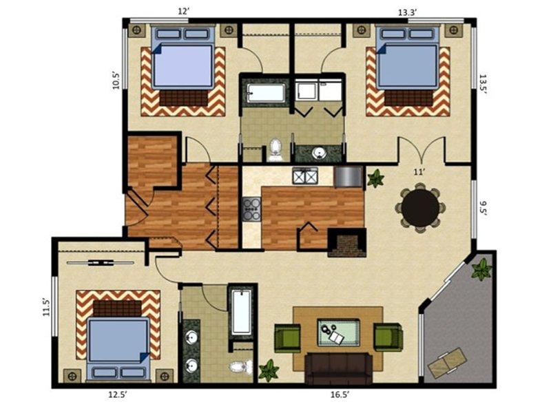 View floor plan image of 3 Bed 2 Bath apartment available now