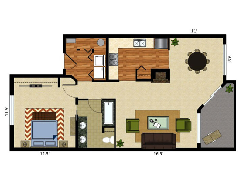 1 Bed 1 Bath floor plan at Orchard Place Apartments