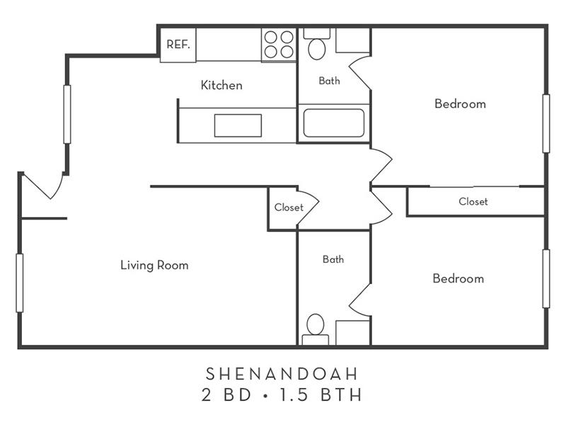 View floor plan image of 2 Bedroom 1.5 Bath apartment available now