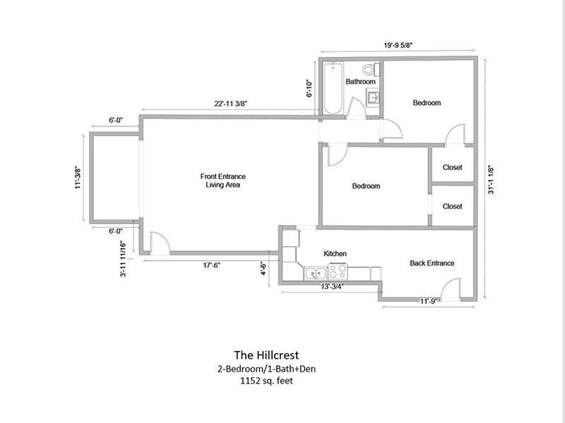 The Hillcrest Apartments Floor Plan 2 Bedroom 1 Bath