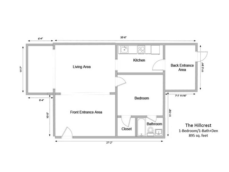 The Hillcrest Apartments Floor Plan 1 Bedroom 1 Bath Den