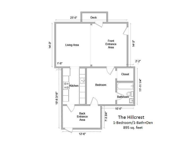 The Hillcrest Apartments Floor Plan 1 Bedroom 1 Bath Den with Patio
