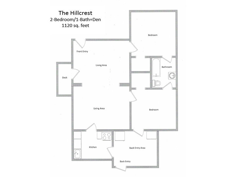 The Hillcrest Apartments Floor Plan 2 Bedroom 1 Bath Den with Patio