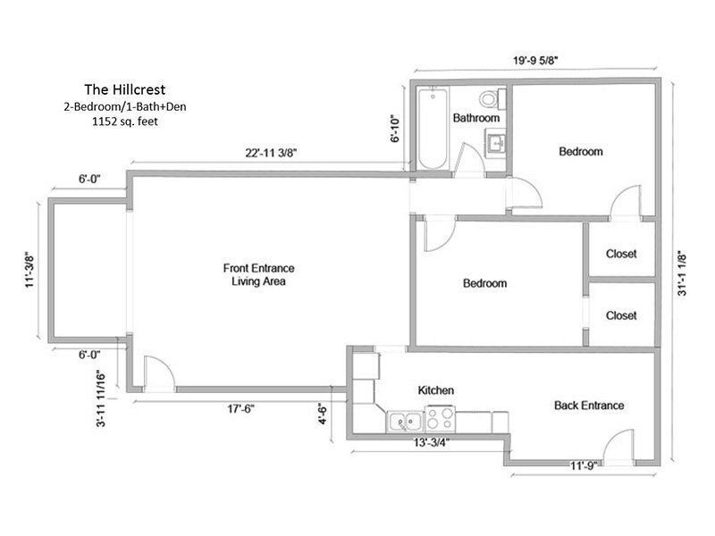 The Hillcrest Apartments Floor Plan 2 Bedroom 1 Bath Den with Sunroom