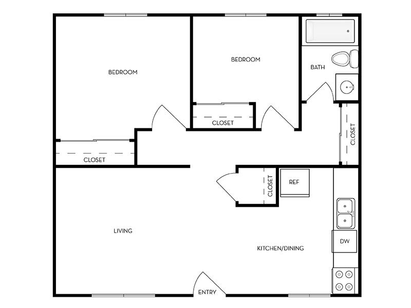 2 Bedroom 1 Bathroom Floorplan at Aspen Cove Townhomes