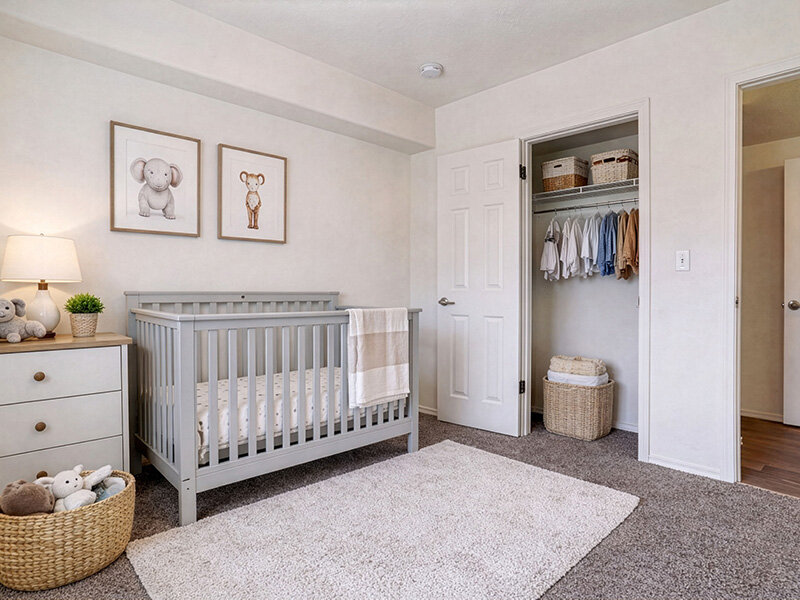 Crib with Open Closet and Carpeted Floor | Wasatch Commons