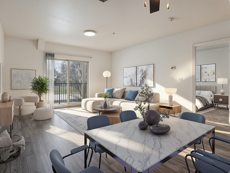 Living Room with Patio Entrance and Table | Wasatch Commons
