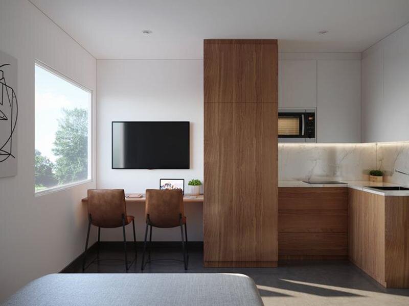 Kitchen and Desk | The Øslo Studio Apartments in Murray, UT