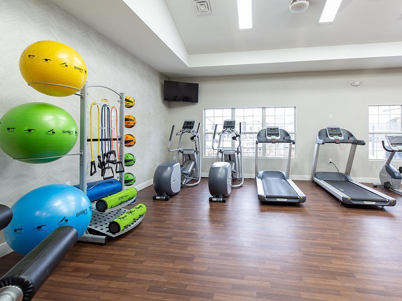 Sandy Apartments for Rent - Large Community Fitness Center with Ample Windows, Ceiling Fan, Treadmills, and Yoga Equipment
