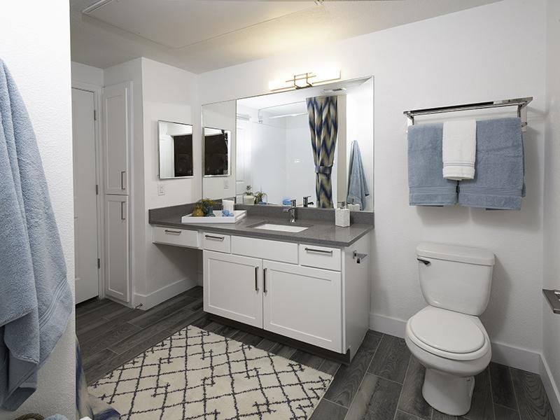 Sandy Apartments For Rent - Alpine Meadows - Bathroom With Wood-Style Flooring, Large Mirror, White Cabinets, Gray Countertop, And Shower With Tub.