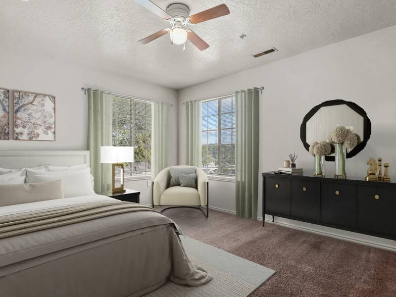 Model Bedroom with Ceiling Fan | Canyon Park Apartments in Sandy, UT