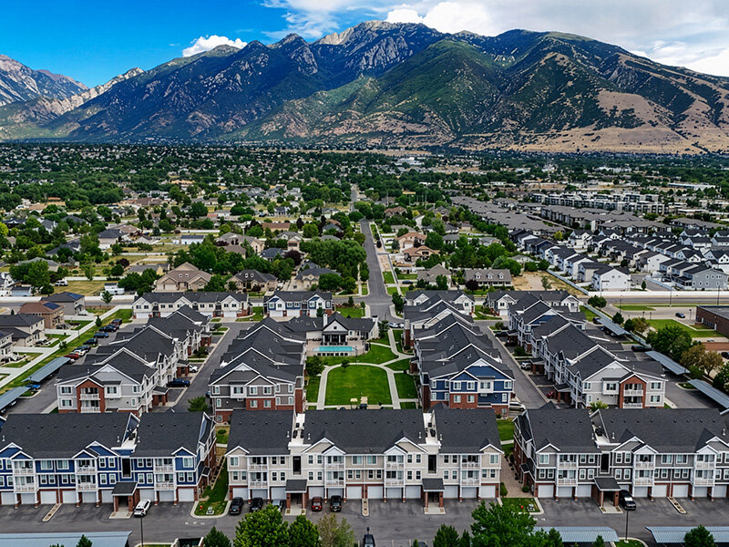 Aerial Views of Apartment Property with Mountains | Draper Village