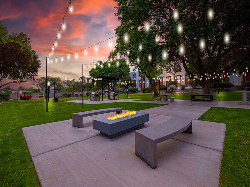 Outdoor Firepit with Benches and Twinkle Lights | Artista