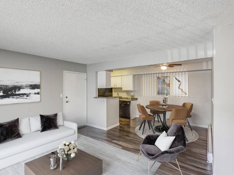 Living Room and Dining Area with Ceiling Fan | Ascent at Havana Apartments