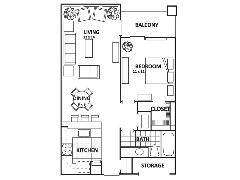 1 Bedroom Floor Plan at Encino Luxury Apartments Apartments