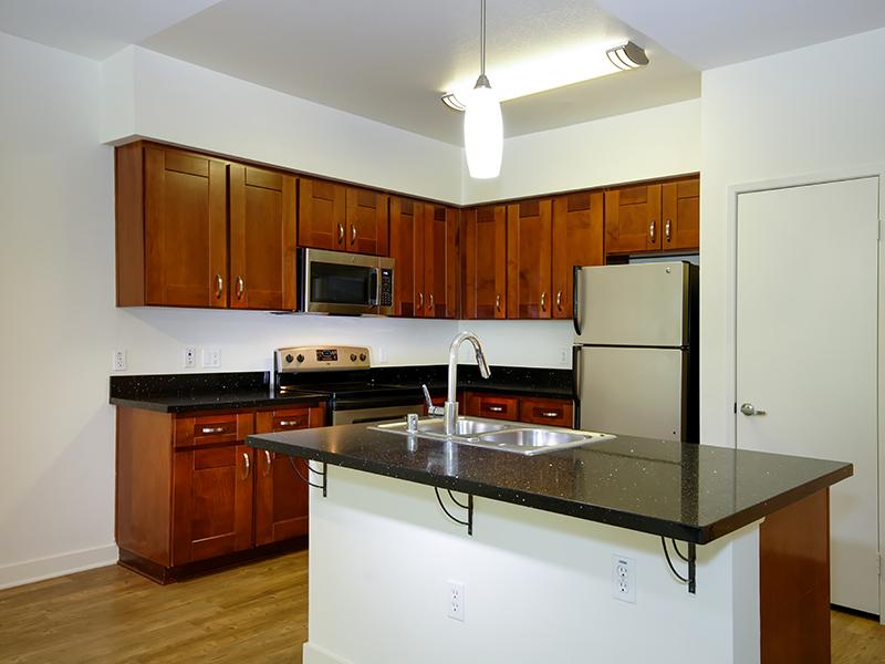 One-Bedroom Apartments in Studio City CA - The Thomas Apartments - Black Countertops, Wood Cabinets, Stainless-Steel Appliances, and Wood-Style Floors