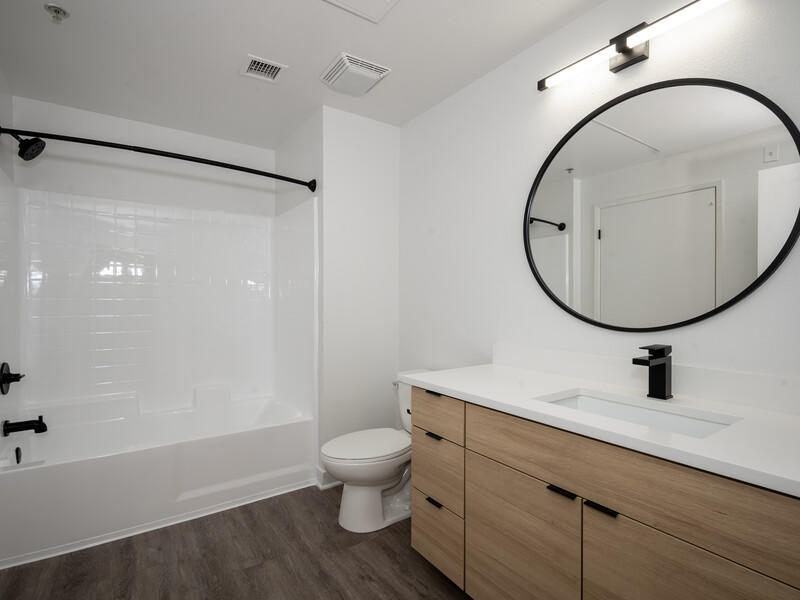 Studio City, CA Apartments - The Thomas - Bathroom With Wood-Style Flooring, Large Vanity Mirror, Large Counter Space, And Shower With Tub Combo.