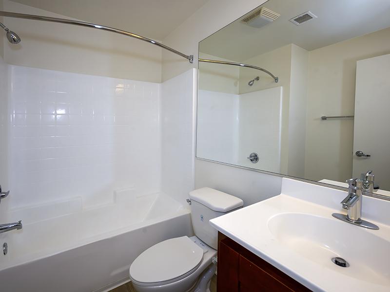 Apartments in Studio City for Rent - The Thomas Apartments - White Sink, Large Mirror, Spacious Bath Tub, and Wood-Style Floors