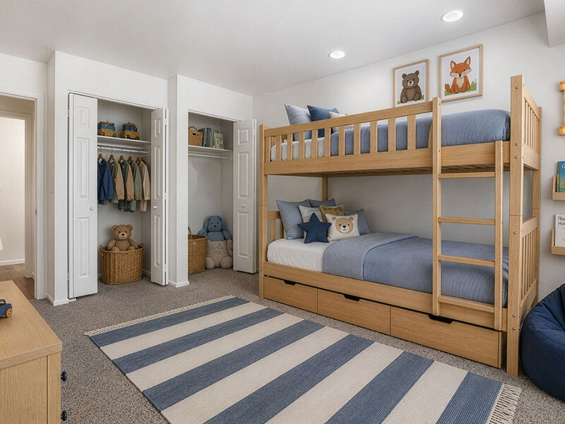 Bedroom with Open Closet and Carpeted Flooring | Eastbrook