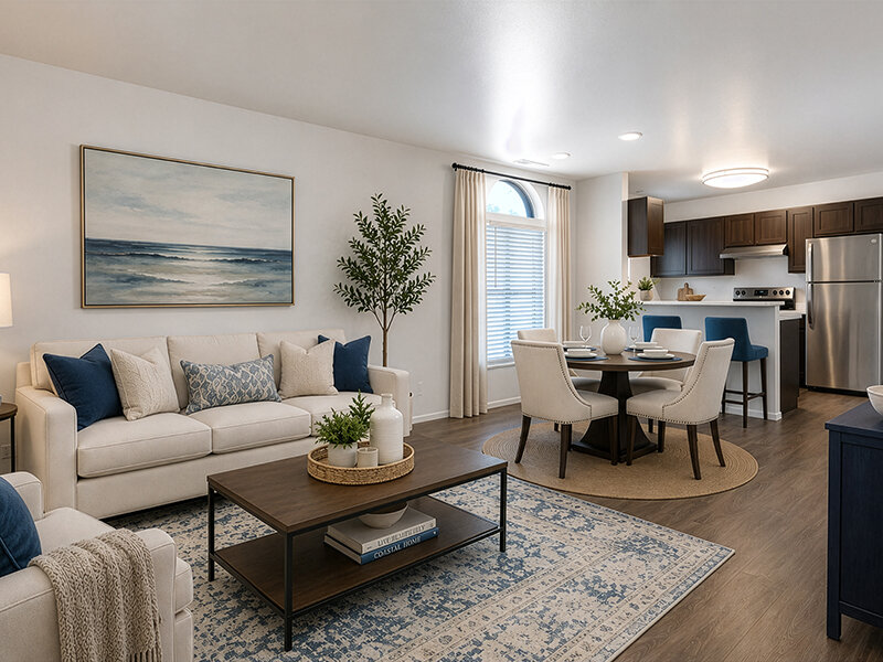 Living Room with Wall Art and Window with Kitchen | Eastbrook