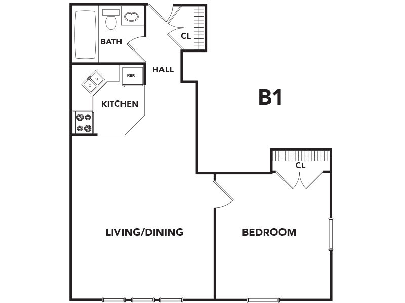 1 Bedroom B1 floor plan at Bryn Mawr Belle Shore