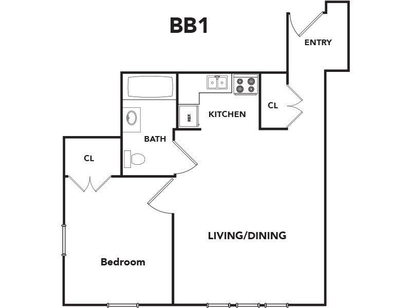 1 Bedroom BB1 floor plan at Bryn Mawr Belle Shore
