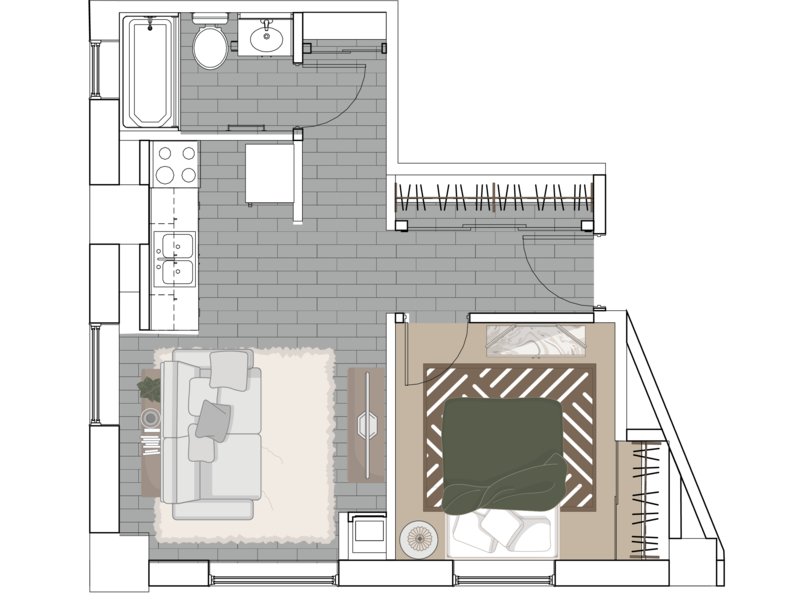 Studio floor plan at Commonwealth Apartments