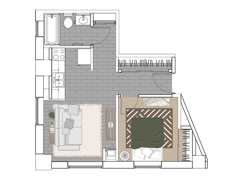 1x1 B floor plan at Commonwealth Apartments