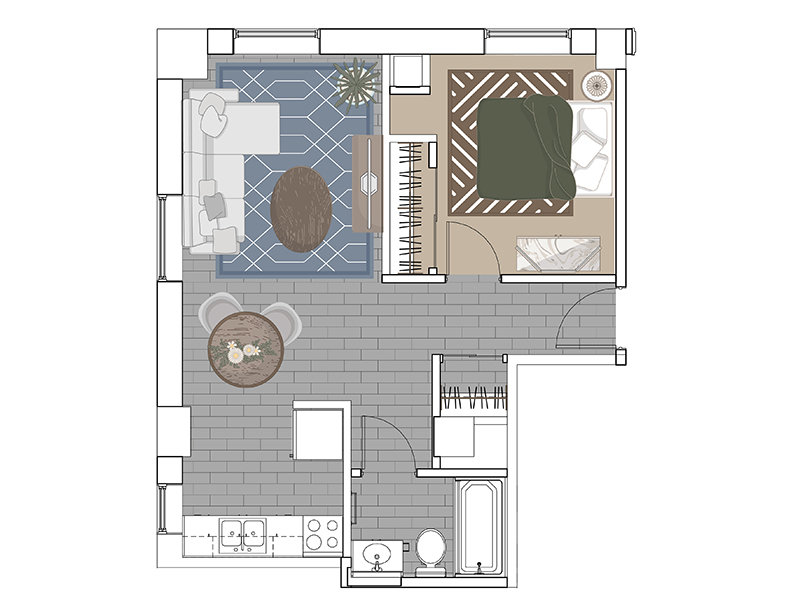 1x1 A floor plan at Commonwealth Apartments
