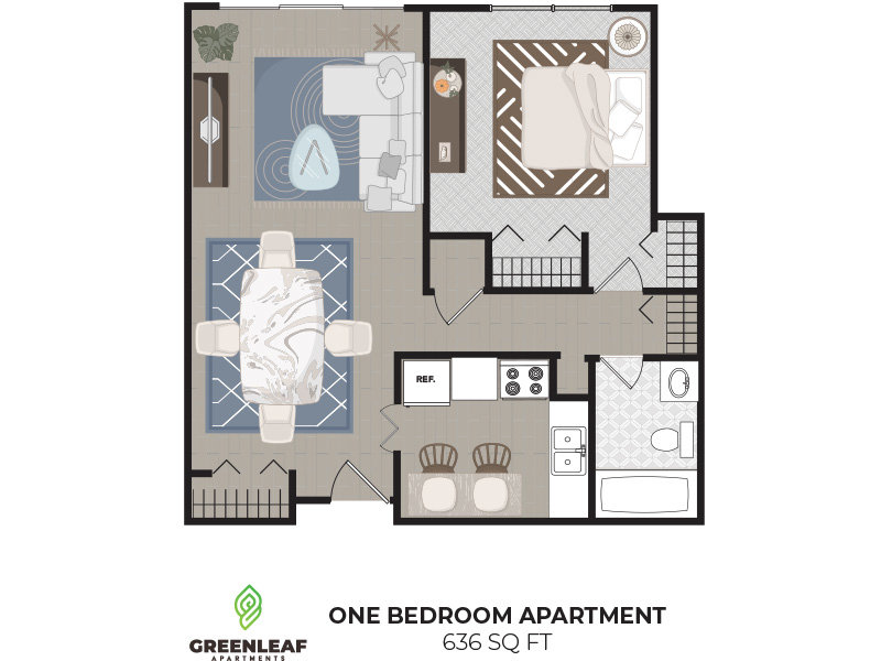 1x1.5 - 636 floor plan at Greenleaf Apartments