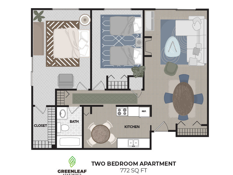 2x1 - 772 floor plan at Greenleaf Apartments