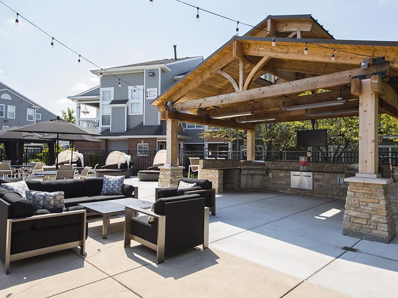 Pet-Friendly Apartments in Naperville, IL- Grand Reserve of Naperville- Grilling Stations with Outdoor Seating Area and Steamed Outdoor Lights