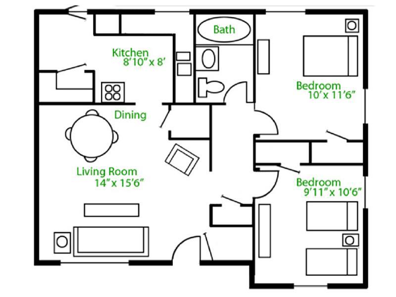 2 Bedroom 1 Bathroom Floorplan at Park Shadows